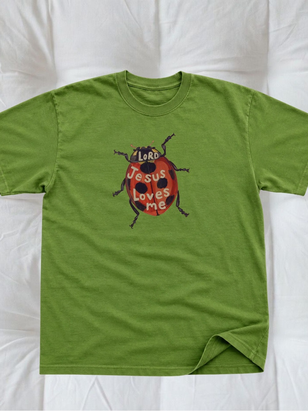 Gildan Green Short Sleeve Tee with Ladybug 'Lord Jesus Loves Me' Graphic